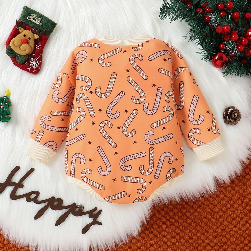 Christmas Baby Boy/Girl Allover Candy Cane Print Long-sleeve Romper Orange big image 2