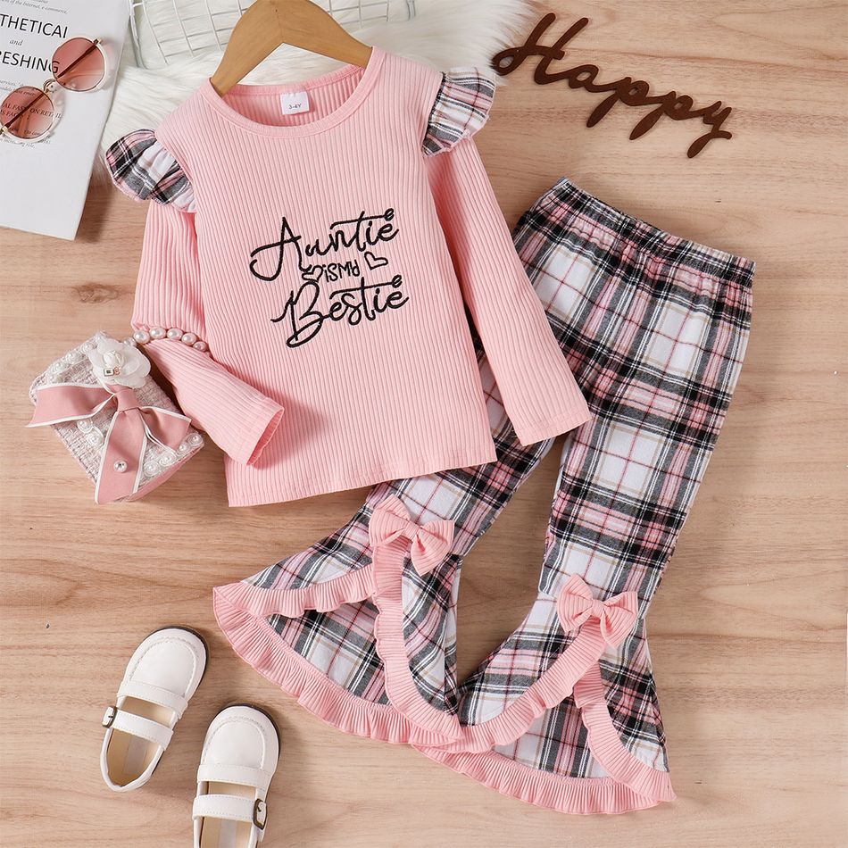 2pcs Toddler Girl Sweet Letter Print Ribbed Tee and Plaid Ruffled Flared Pants Set Pink big image 1