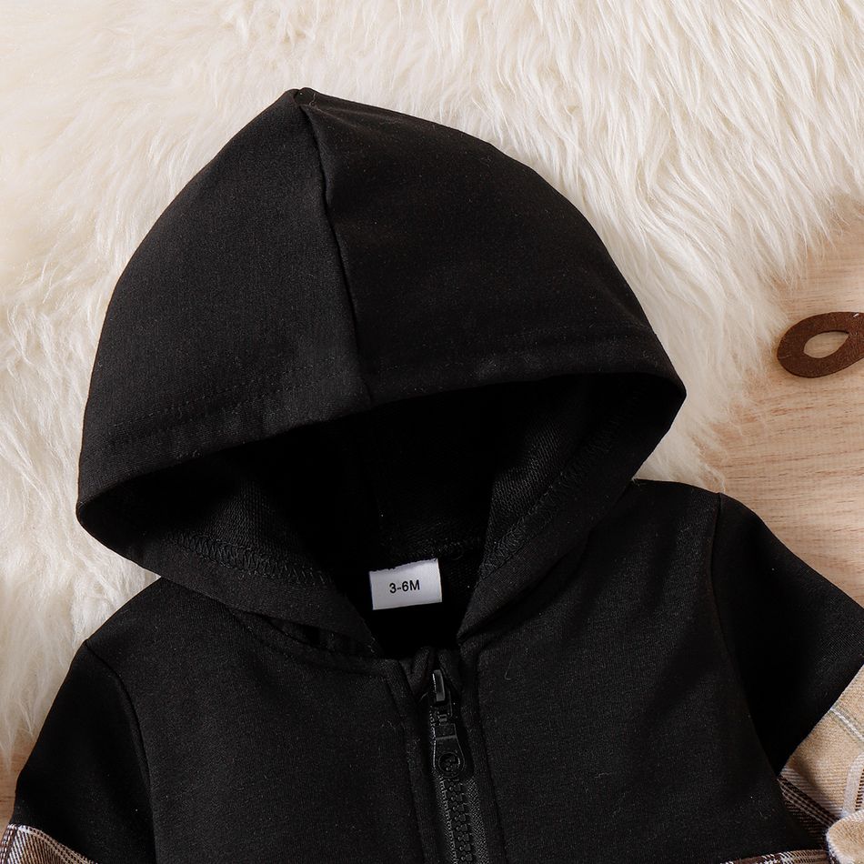 Baby Boy Solid Spliced Plaid Long-sleeve Hooded Zipper Jacket Black big image 2