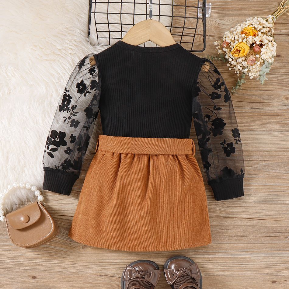 3pcs Toddler Girl Sweet Mesh Sleeve Tee and Button Design Skirt & Belt Set Black big image 7