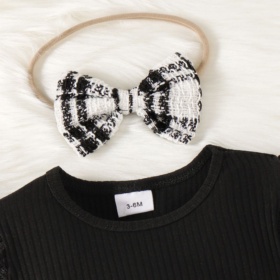 3pcs Baby Girl Black Lace Ruffle Long-sleeve Ribbed Romper and Tweed Skirt with Headband Set BlackandWhite big image 4