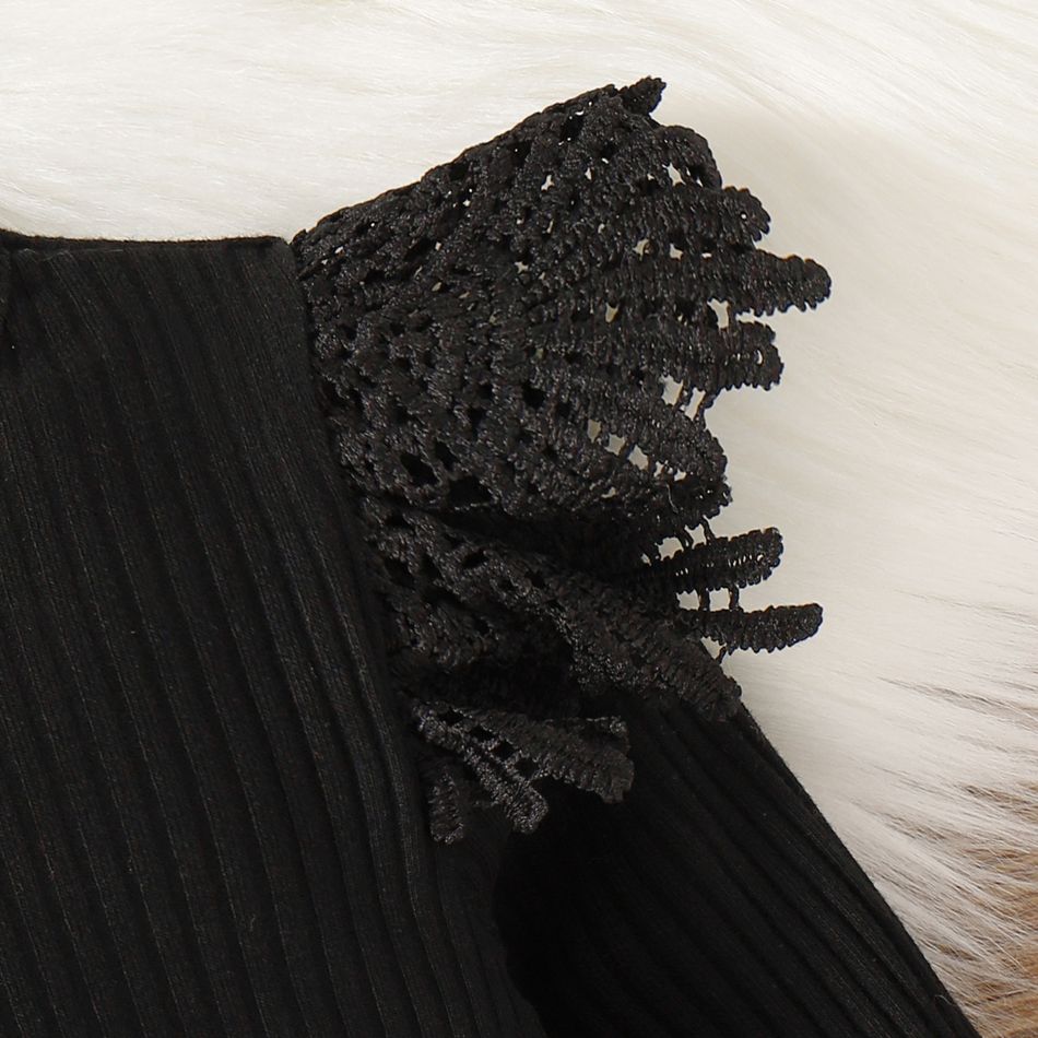 3pcs Baby Girl Black Lace Ruffle Long-sleeve Ribbed Romper and Tweed Skirt with Headband Set BlackandWhite big image 5