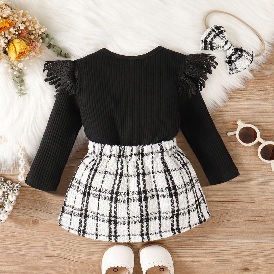 3pcs Baby Girl Black Lace Ruffle Long-sleeve Ribbed Romper and Tweed Skirt with Headband Set BlackandWhite big image 2
