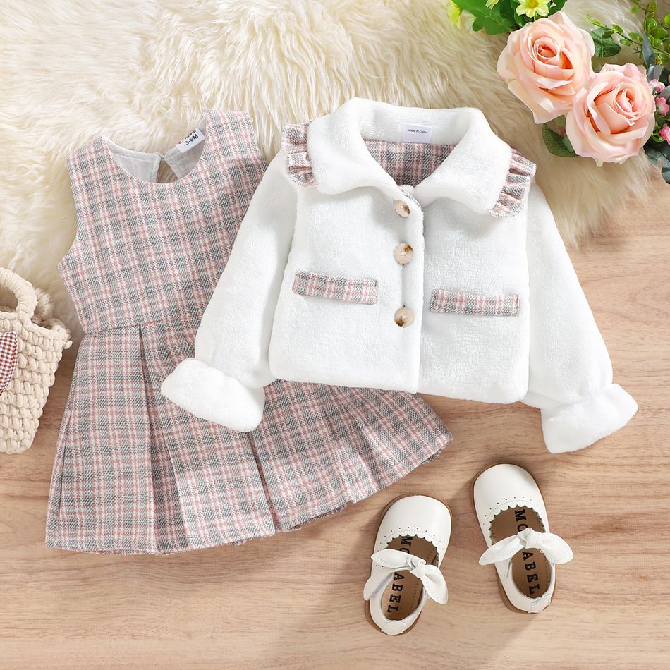 2pcs Baby Girl Plaid Pleated Tank Dress and Long-sleeve Thermal Fuzzy Coat Set Pink big image 2
