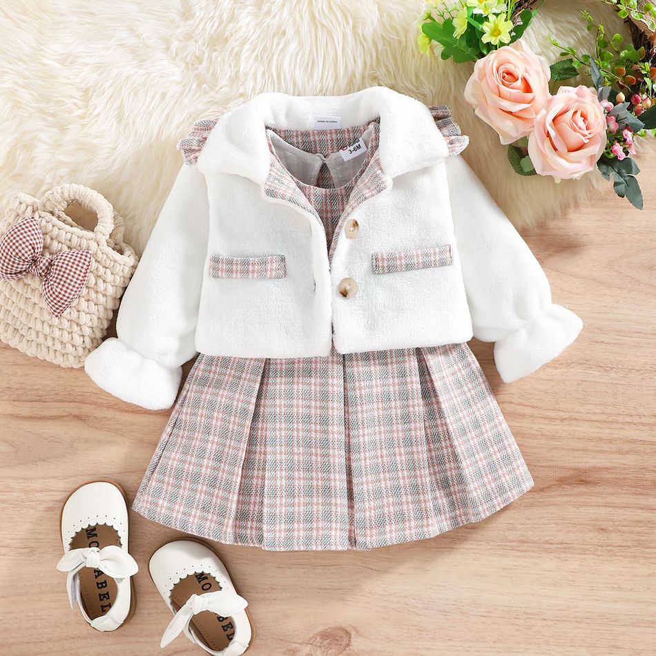 2pcs Baby Girl Plaid Pleated Tank Dress and Long-sleeve Thermal Fuzzy Coat Set Pink big image 3