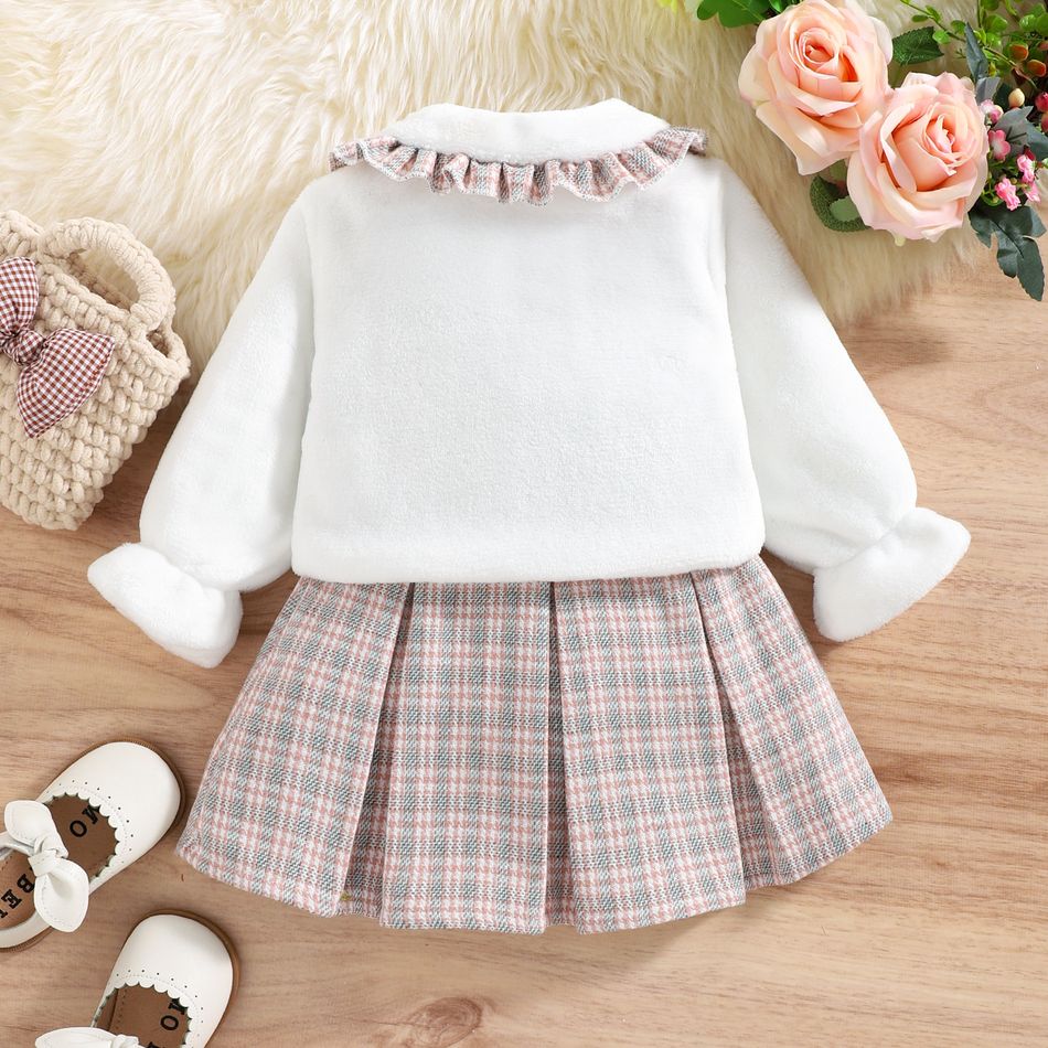 2pcs Baby Girl Plaid Pleated Tank Dress and Long-sleeve Thermal Fuzzy Coat Set Pink big image 6