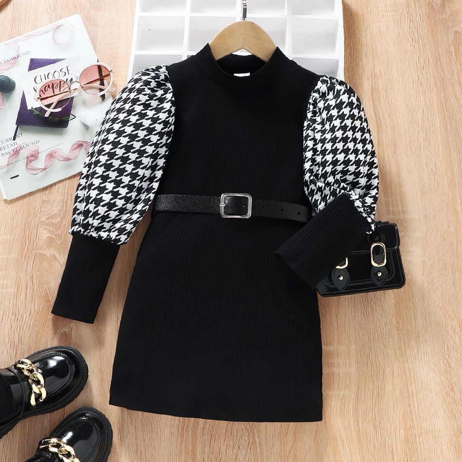 2pcs Toddler Girl Elegant Houndstooth Long Puff-sleeve Dress and Belt Black