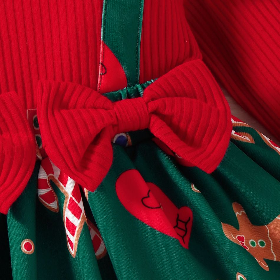 Christmas 2pcs Baby Girl Red Ribbed Long-sleeve Ruffle Bow Decor Spliced Gingerbread Man Print Dress with Headband Set Red big image 5