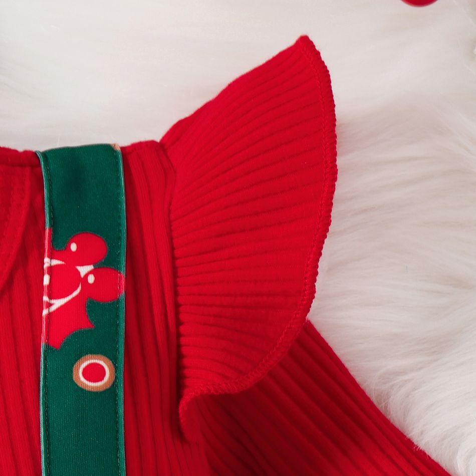 Christmas 2pcs Baby Girl Red Ribbed Long-sleeve Ruffle Bow Decor Spliced Gingerbread Man Print Dress with Headband Set Red big image 4