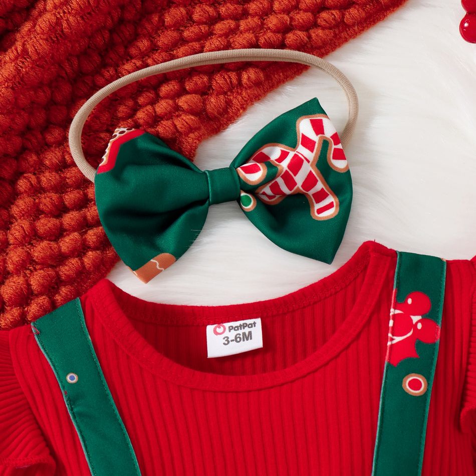 Christmas 2pcs Baby Girl Red Ribbed Long-sleeve Ruffle Bow Decor Spliced Gingerbread Man Print Dress with Headband Set Red big image 3