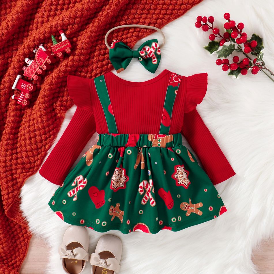 Christmas 2pcs Baby Girl Red Ribbed Long-sleeve Ruffle Bow Decor Spliced Gingerbread Man Print Dress with Headband Set Red big image 2