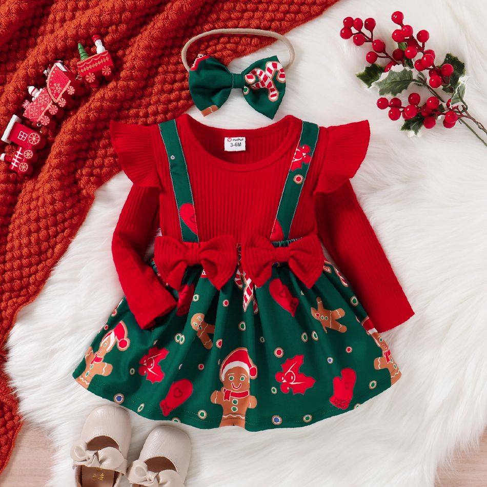 Christmas 2pcs Baby Girl Red Ribbed Long-sleeve Ruffle Bow Decor Spliced Gingerbread Man Print Dress with Headband Set Red