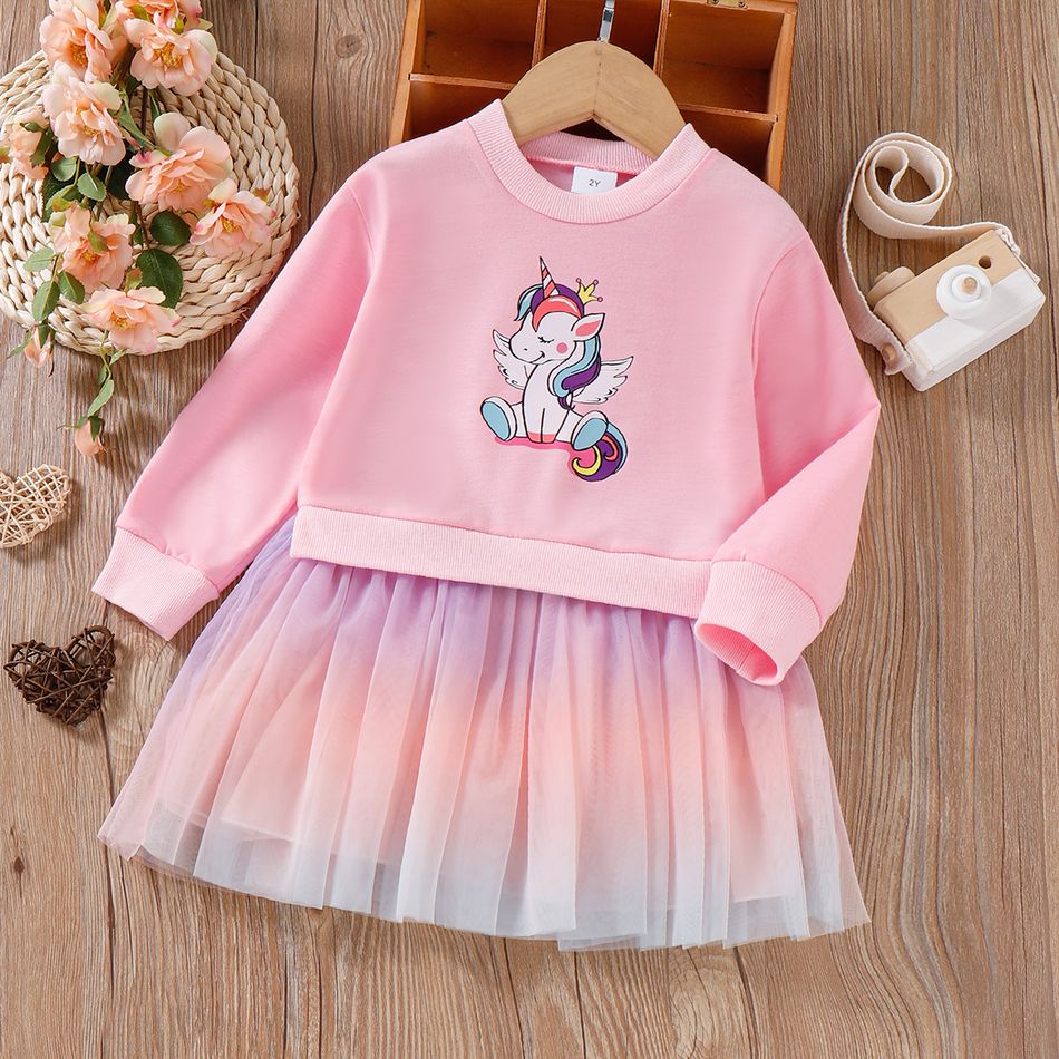 Toddler Girl Playful Unicorn Print Mesh Splice Long-sleeve Dress Pink