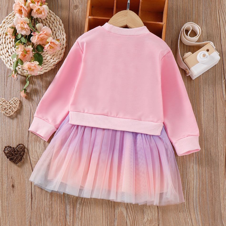 Toddler Girl Playful Unicorn Print Mesh Splice Long-sleeve Dress Pink big image 6