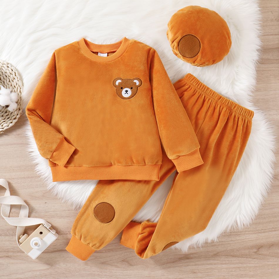 3pcs Toddler Girl Playful Cap & Bear Embroidered Flannel Fleece Sweatshirt and Pants Set Yellow big image 1