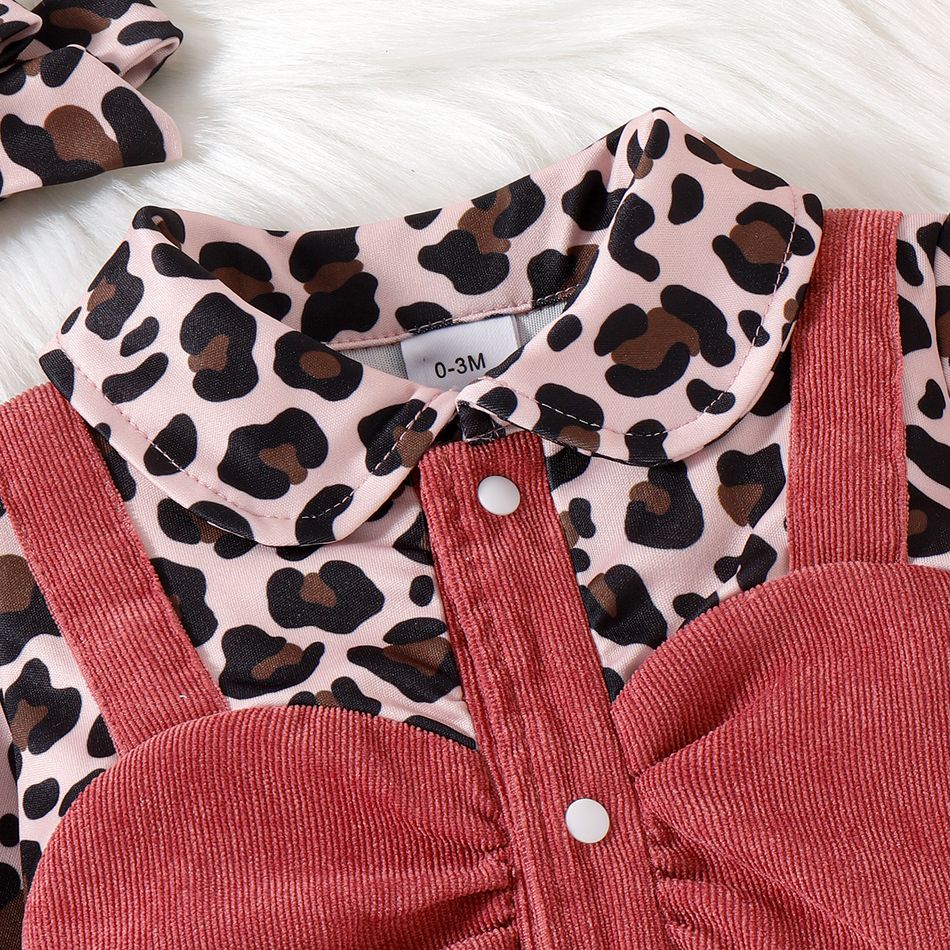 2pcs Baby Girl Leopard & Solid Spliced Long-sleeve Corduroy Jumpsuit & Headband Set Pink big image 3