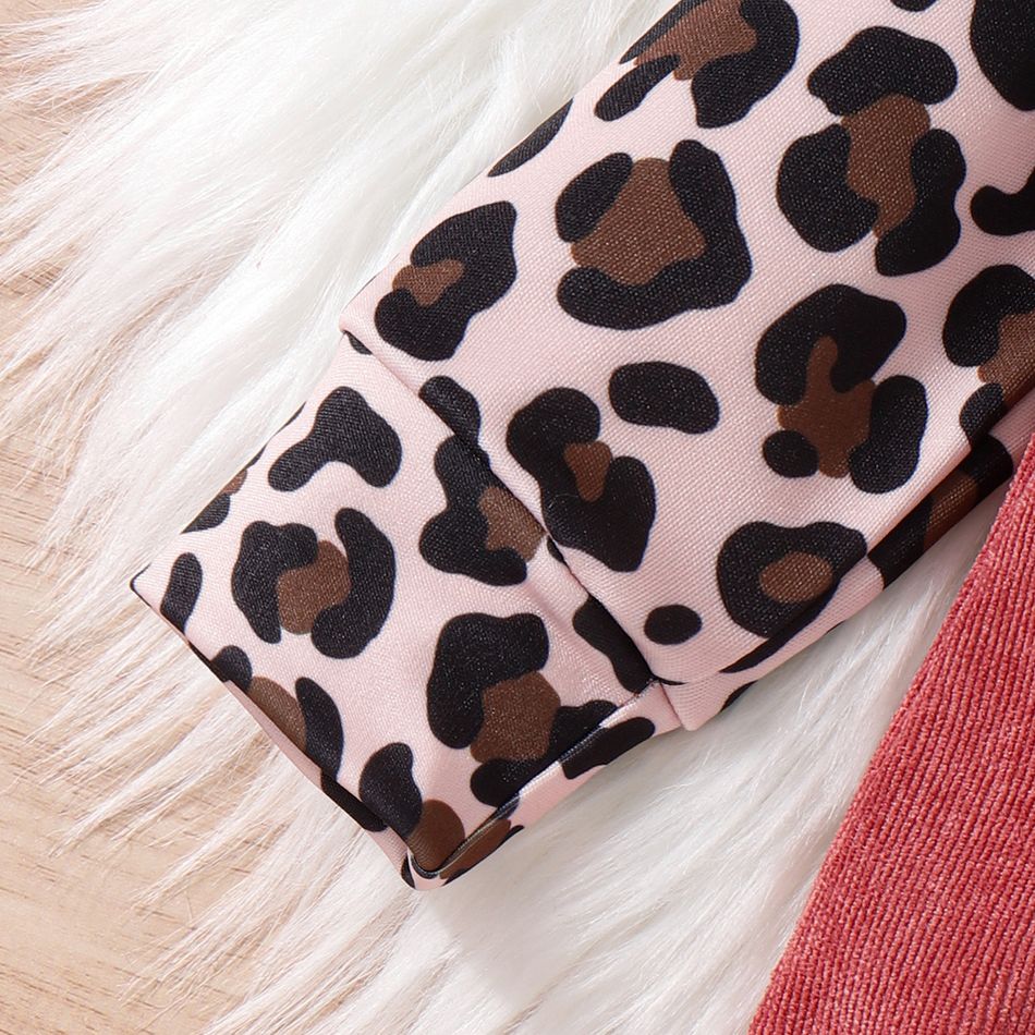 2pcs Baby Girl Leopard & Solid Spliced Long-sleeve Corduroy Jumpsuit & Headband Set Pink big image 5