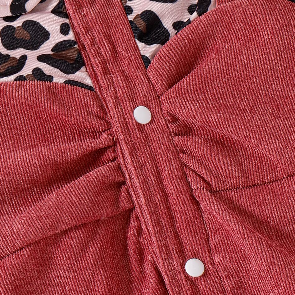 2pcs Baby Girl Leopard & Solid Spliced Long-sleeve Corduroy Jumpsuit & Headband Set Pink big image 4