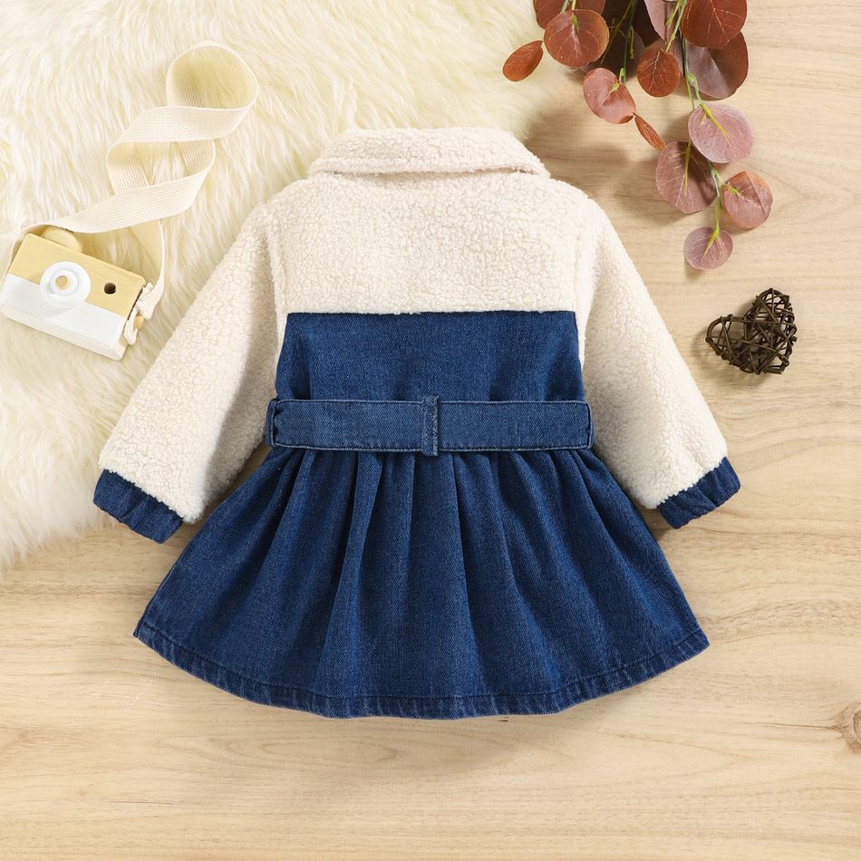 Baby Girl Sherpa Fleece Spliced Denim Belted Long-sleeve Button Front Dress Blue big image 7