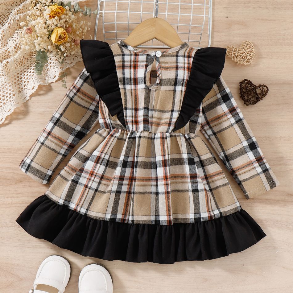 Toddler Girl Classic Ruffled Plaid Colorblock Long-sleeve Dress Brown big image 6