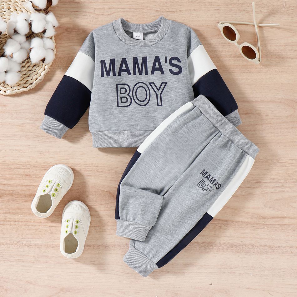 2pcs Baby Boy Letter Print Colorblock Long-sleeve Sweatshirt Grey big image 1
