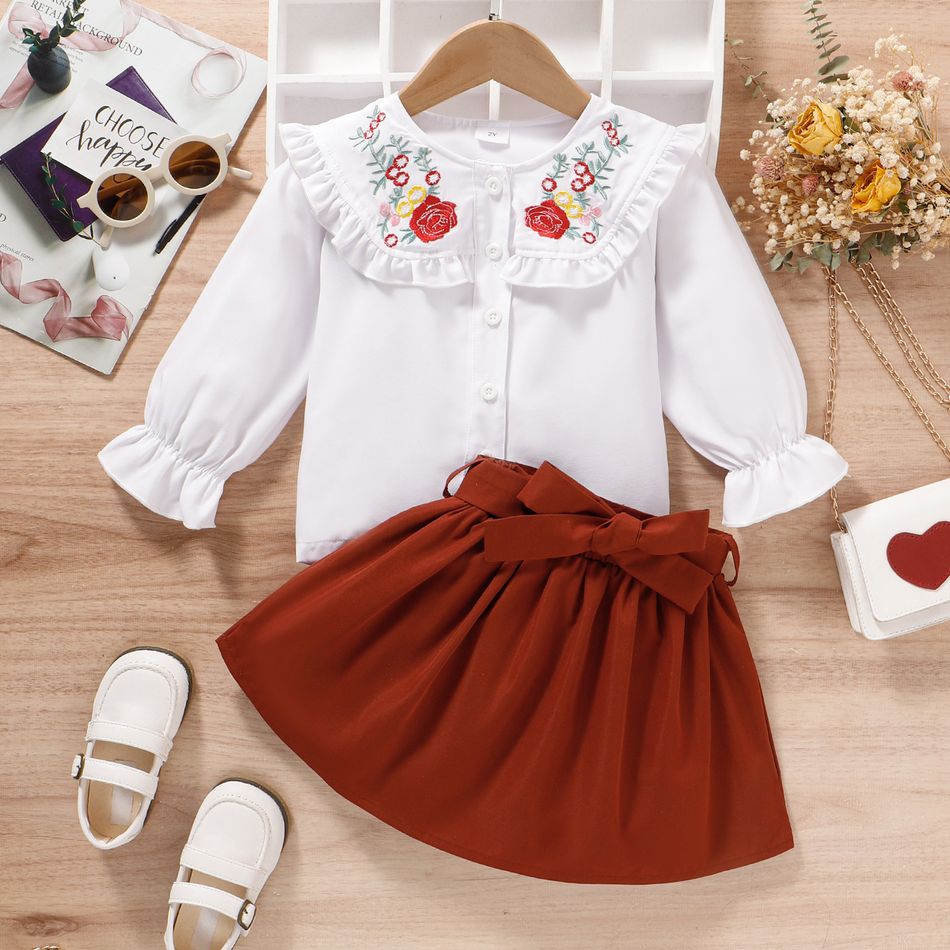 2pcs Toddler Girl Sweet Floral Embroidered Blouse and Belted Skirt Set White big image 2