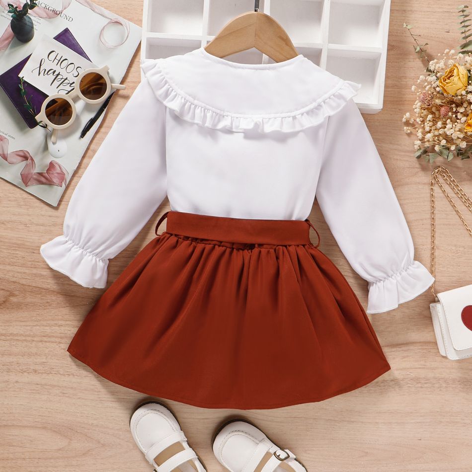2pcs Toddler Girl Sweet Floral Embroidered Blouse and Belted Skirt Set White big image 3
