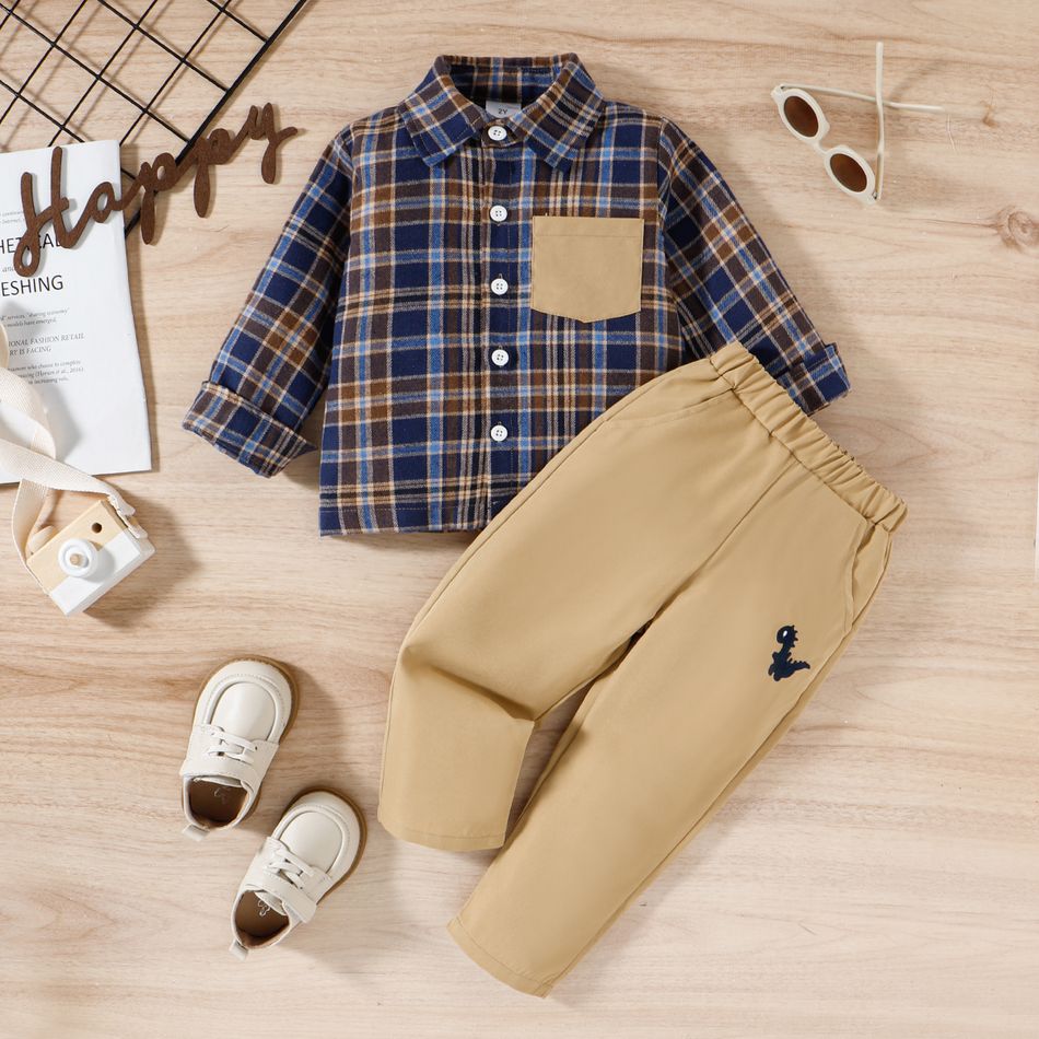 2pcs Toddler Boy Classic Plaid Lapel Collar Shirt and Dinosaur Embroidered Pants Set Blue big image 1