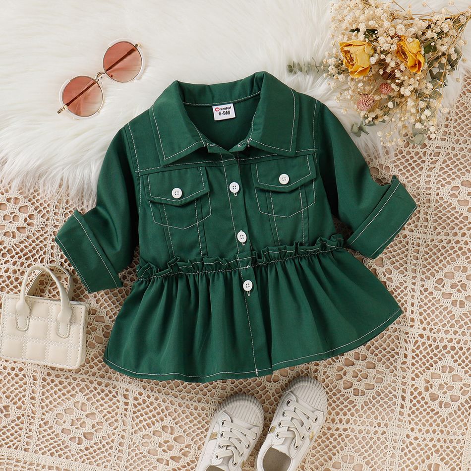 Baby Girl Solid Frill Trim Button Up Jacket Green big image 1