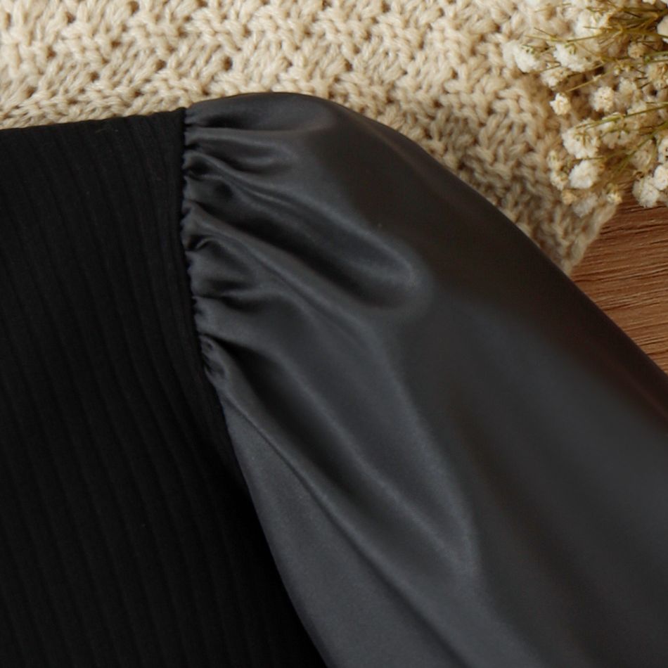 3pcs Toddler Girl Elegant Puff-sleeve Black Tee and PU Pants & Belt Set Black big image 5