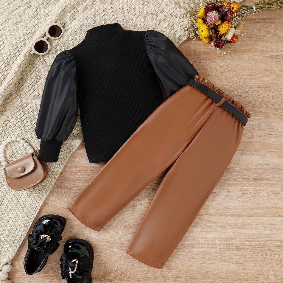 3pcs Toddler Girl Elegant Puff-sleeve Black Tee and PU Pants & Belt Set Black big image 3