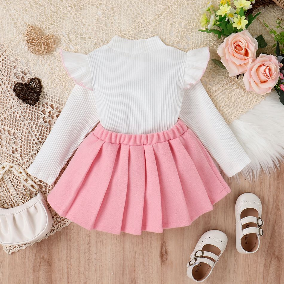 2pcs Toddler Girl Preppy style Ruffled Mock Neck Tee and Pleated Skirt Set Pink big image 7