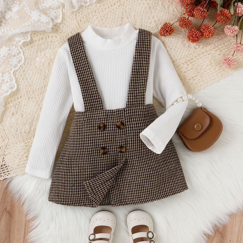 2pcs Toddler Girl Preppy style Mock Neck Ribbed Tee and Houndstooth Suspender Skirt Set White big image 1