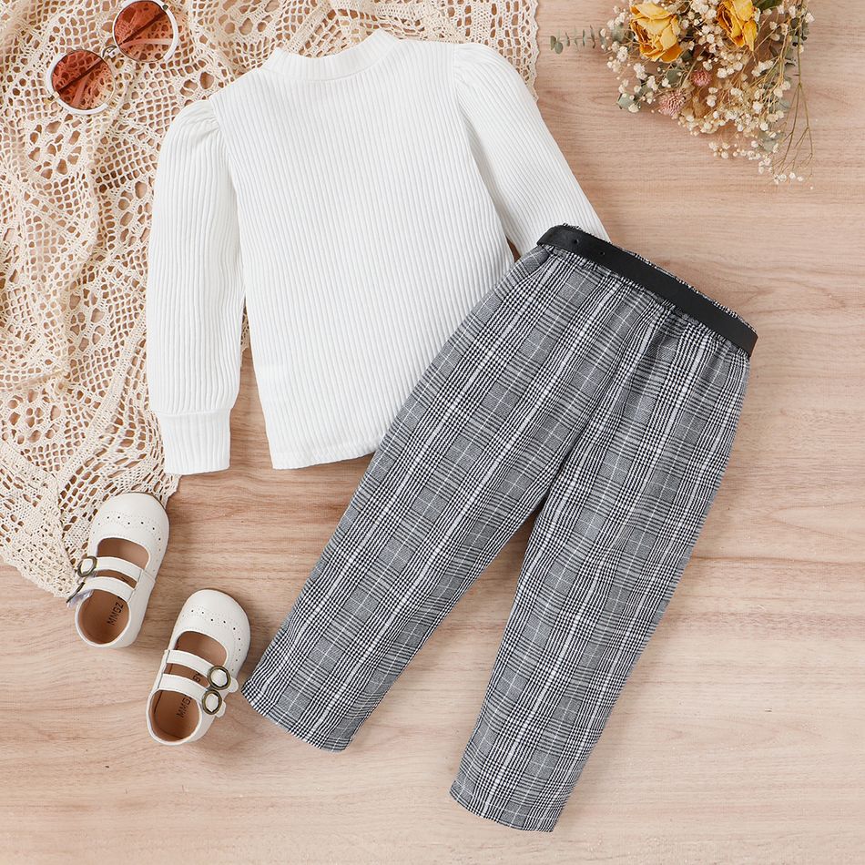 3pcs Toddler Girl Trendy Puff-sleeve Tee & Plaid Pants and Belted Waist Bag Set White big image 7