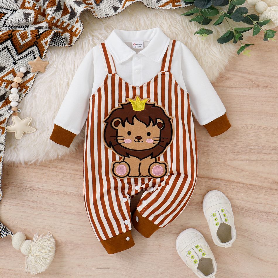 Baby Boy/Girl Lion Embroidered Brown Striped Faux-two Long-sleeve Jumpsuit Brown big image 1