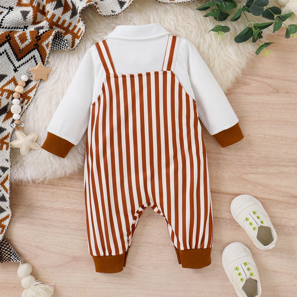 Baby Boy/Girl Lion Embroidered Brown Striped Faux-two Long-sleeve Jumpsuit Brown big image 2