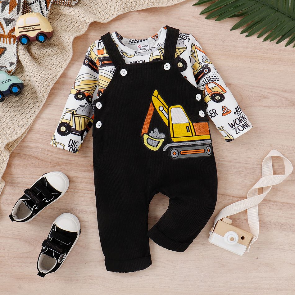 2pcs Baby Boy Allover Excavator Print Long-sleeve Tee and Overalls Pants Set Black big image 1