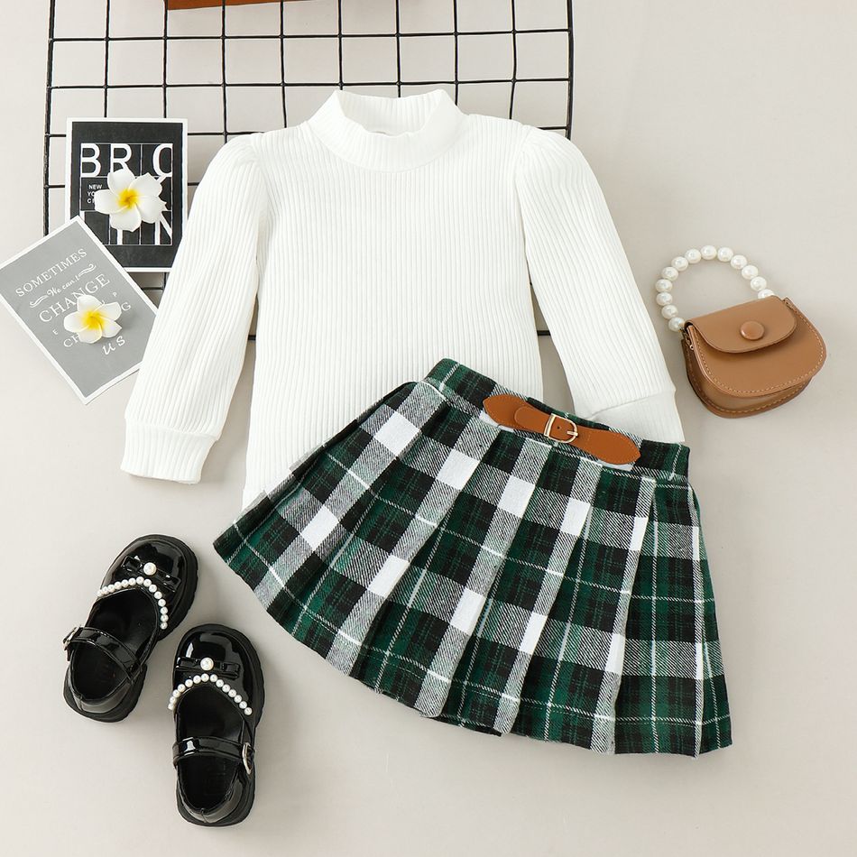 2pcs Toddler Girl Preppy style Mock Neck Ribbed Tee and Plaid Pleated Skirt Set Green big image 2