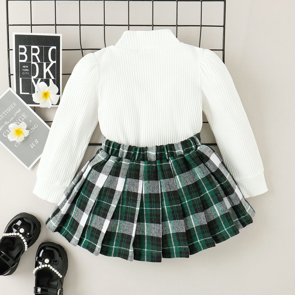 2pcs Toddler Girl Preppy style Mock Neck Ribbed Tee and Plaid Pleated Skirt Set Green big image 3