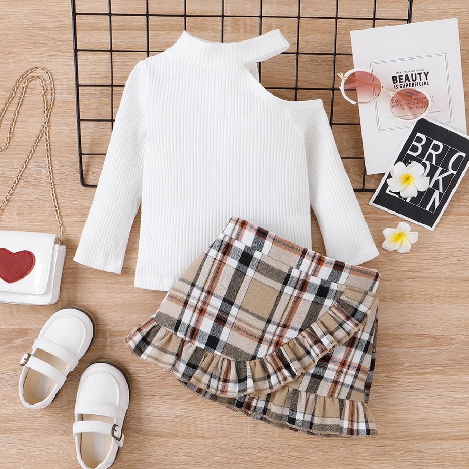 2pcs Toddler Girl Sweet Cold Shoulder Ribbed Tee and Ruffled Wrap Plaid Skirt Set White big image 2