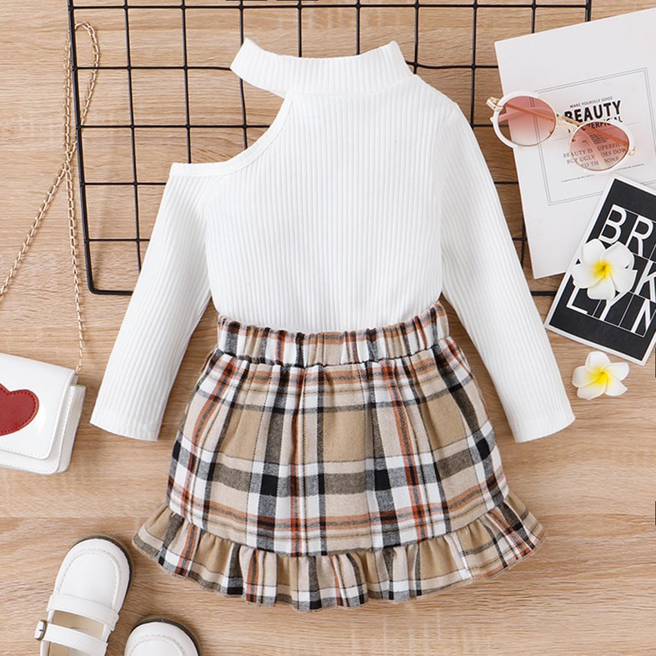 2pcs Toddler Girl Sweet Cold Shoulder Ribbed Tee and Ruffled Wrap Plaid Skirt Set White
