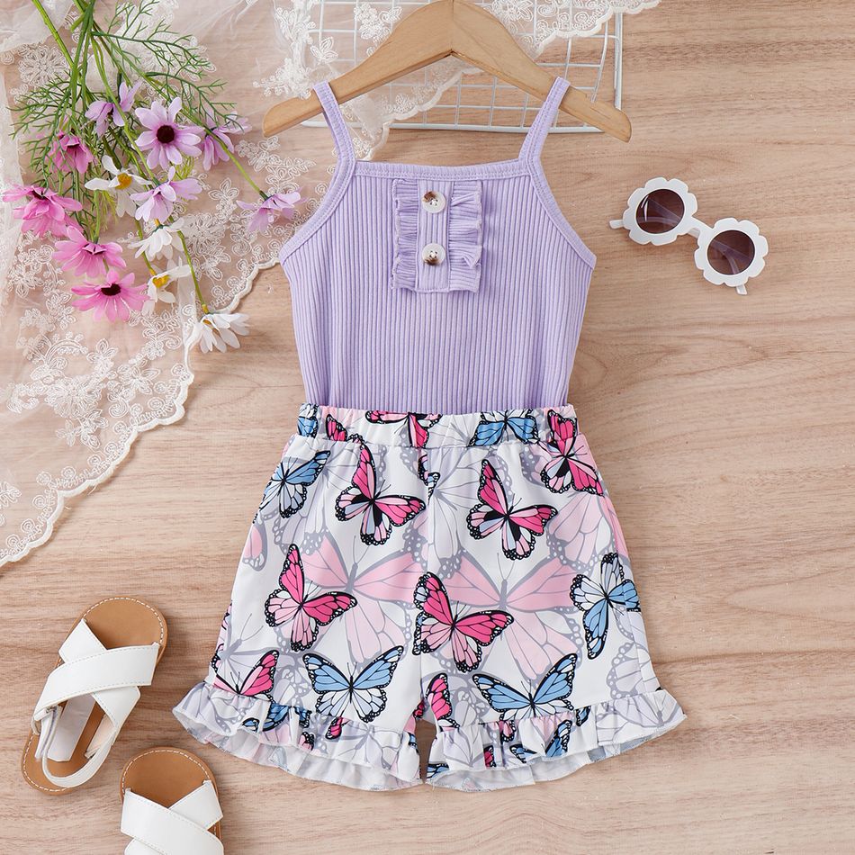 2pcs Toddler Girl Sweet Ruffled Ribbed Camisole and Butterfly Print Shorts Set Purple big image 1