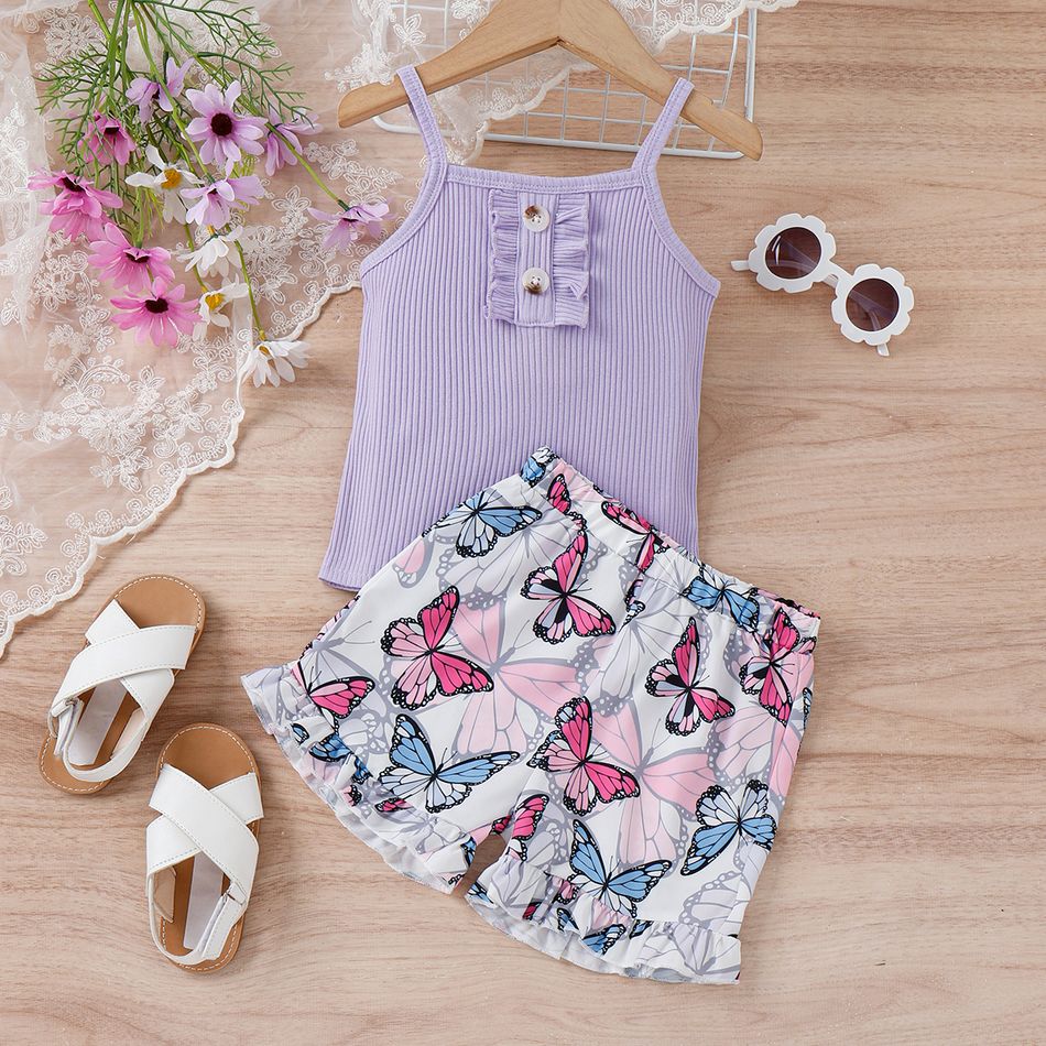 2pcs Toddler Girl Sweet Ruffled Ribbed Camisole and Butterfly Print Shorts Set Purple big image 2
