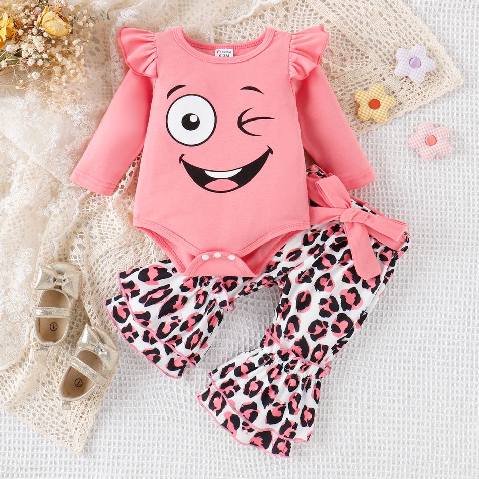 3pcs Baby Girl Ruffle Long-sleeve Graphic Romper and Leopard Print Flared Pants & Belt Set Pink