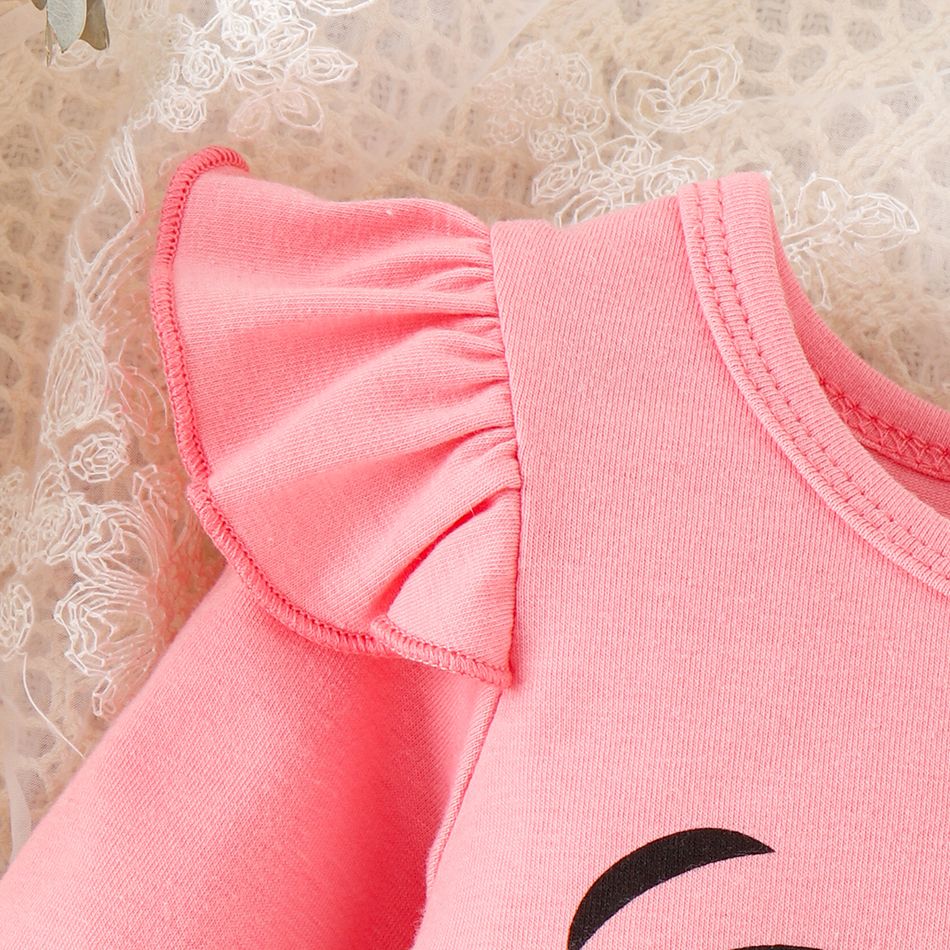 3pcs Baby Girl Ruffle Long-sleeve Graphic Romper and Leopard Print Flared Pants & Belt Set Pink big image 4