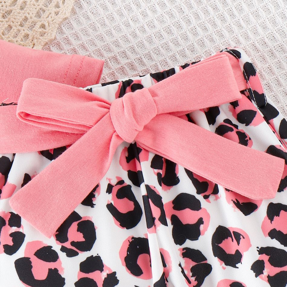 3pcs Baby Girl Ruffle Long-sleeve Graphic Romper and Leopard Print Flared Pants & Belt Set Pink big image 7