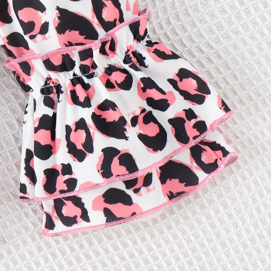 3pcs Baby Girl Ruffle Long-sleeve Graphic Romper and Leopard Print Flared Pants & Belt Set Pink big image 8