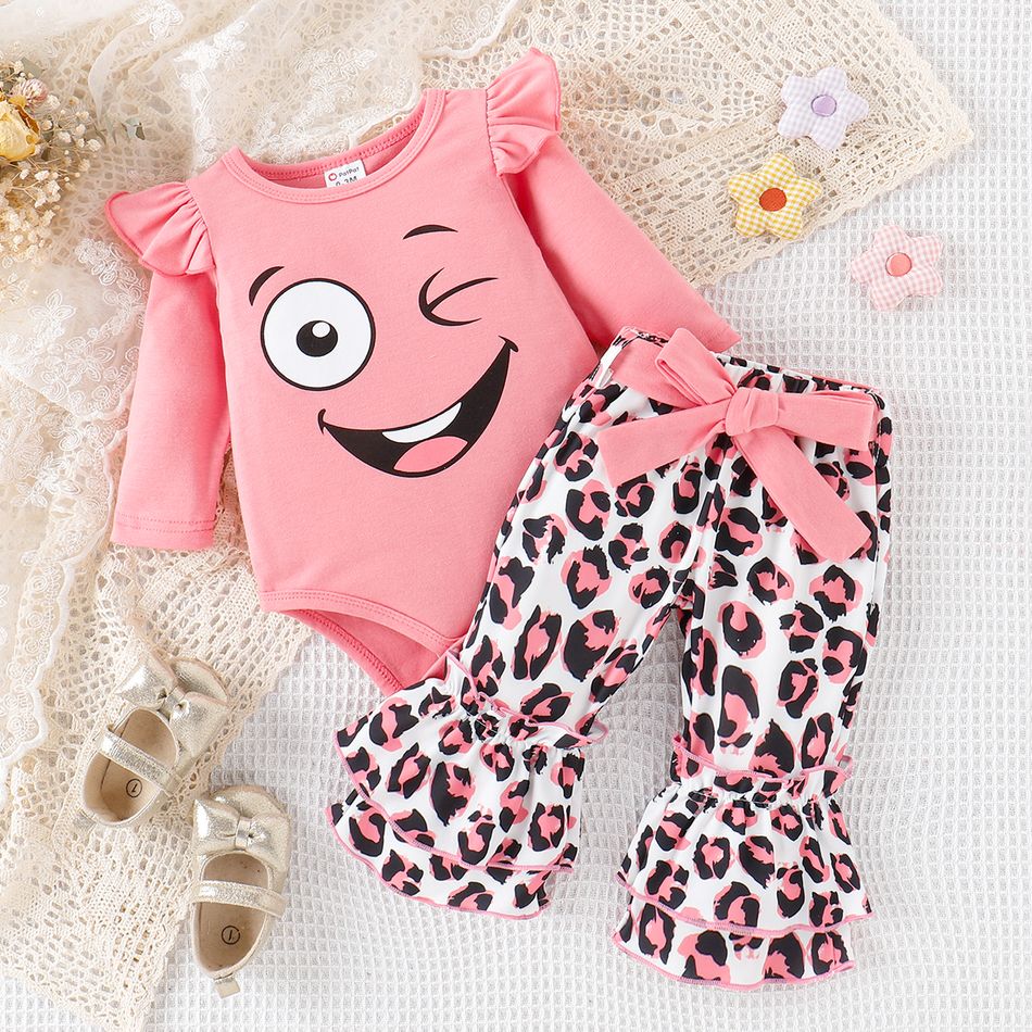 3pcs Baby Girl Ruffle Long-sleeve Graphic Romper and Leopard Print Flared Pants & Belt Set Pink big image 2