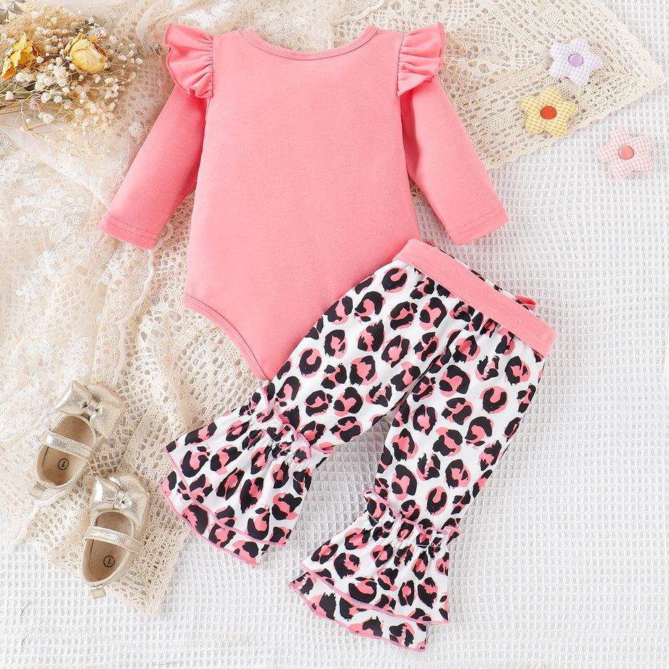 3pcs Baby Girl Ruffle Long-sleeve Graphic Romper and Leopard Print Flared Pants & Belt Set Pink big image 3