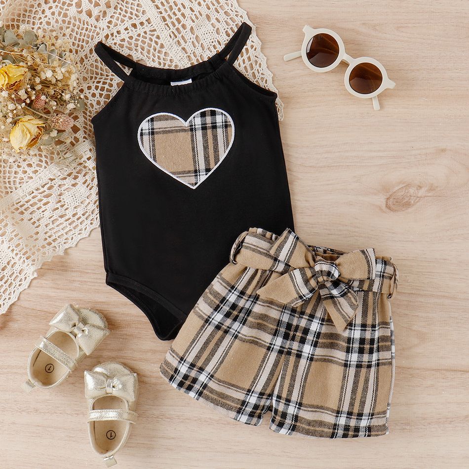 2pcs Baby Girl Heart Embroidered Cami Romper and Plaid Belted Shorts Set Black big image 1